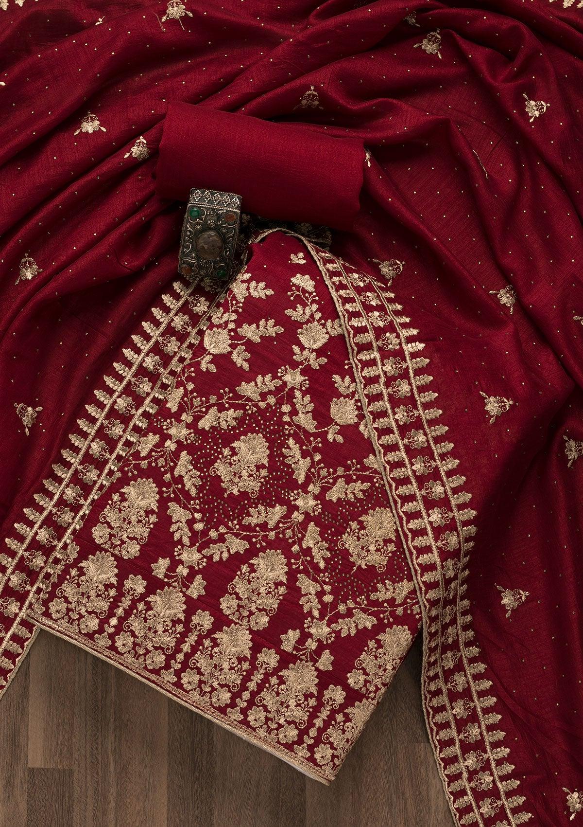 maroon zariwork art silk unstitched salwar suit