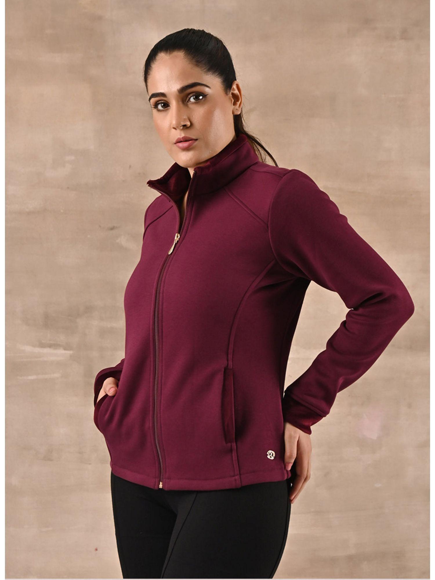 maroon zip-front high-neck regular jacket with pockets