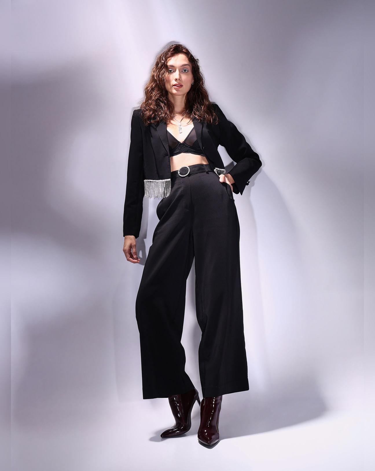 marquee black high rise embellished buckle pants