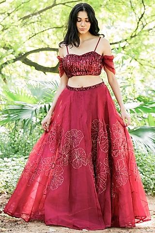 marsala red hand embroidered lehenga set