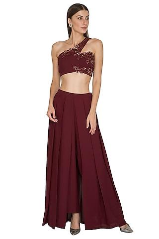 marsala wine embroidered crop top with culotte skirt