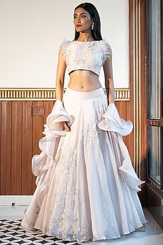 marshmallow cream organza floral jaal hand embroidered lehenga set