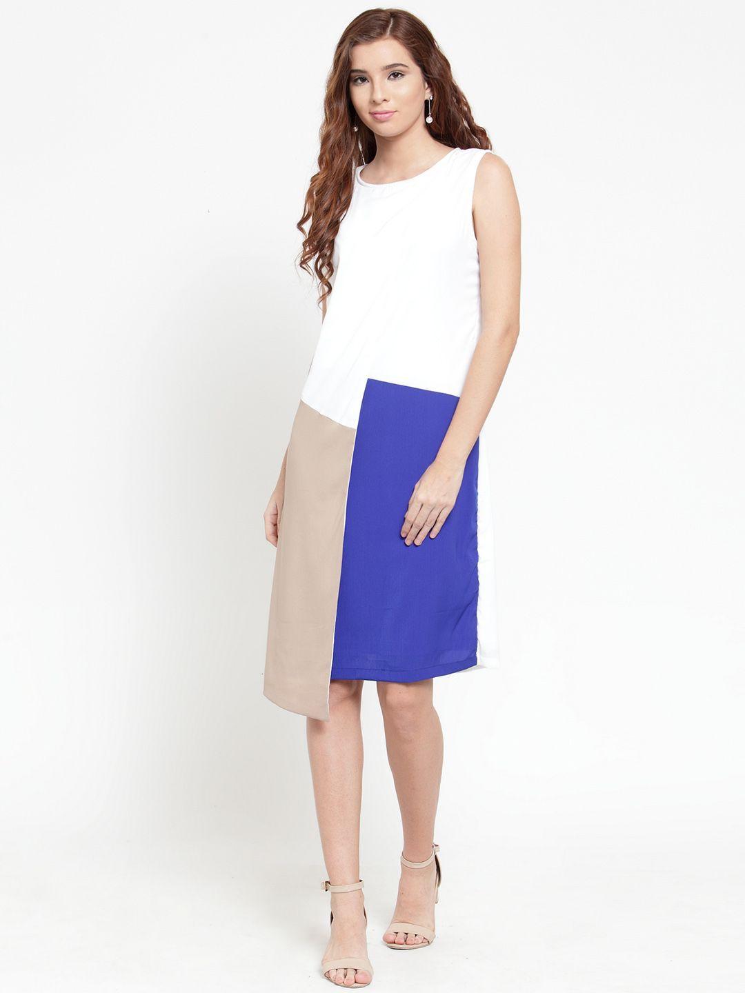 martini women white & blue colourblocked asymmetric hem sheath dress