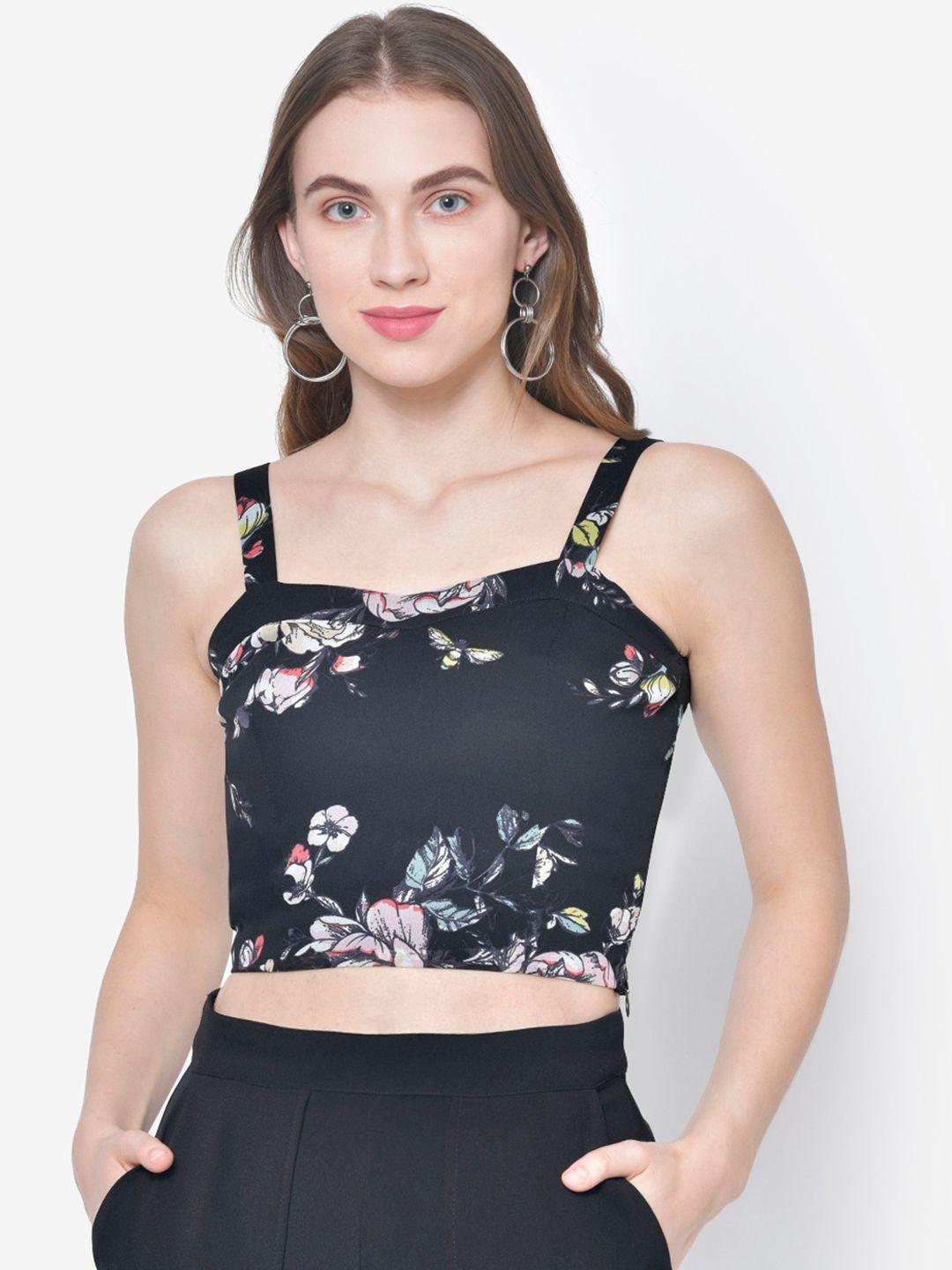 martini women black floral print fitted crop top