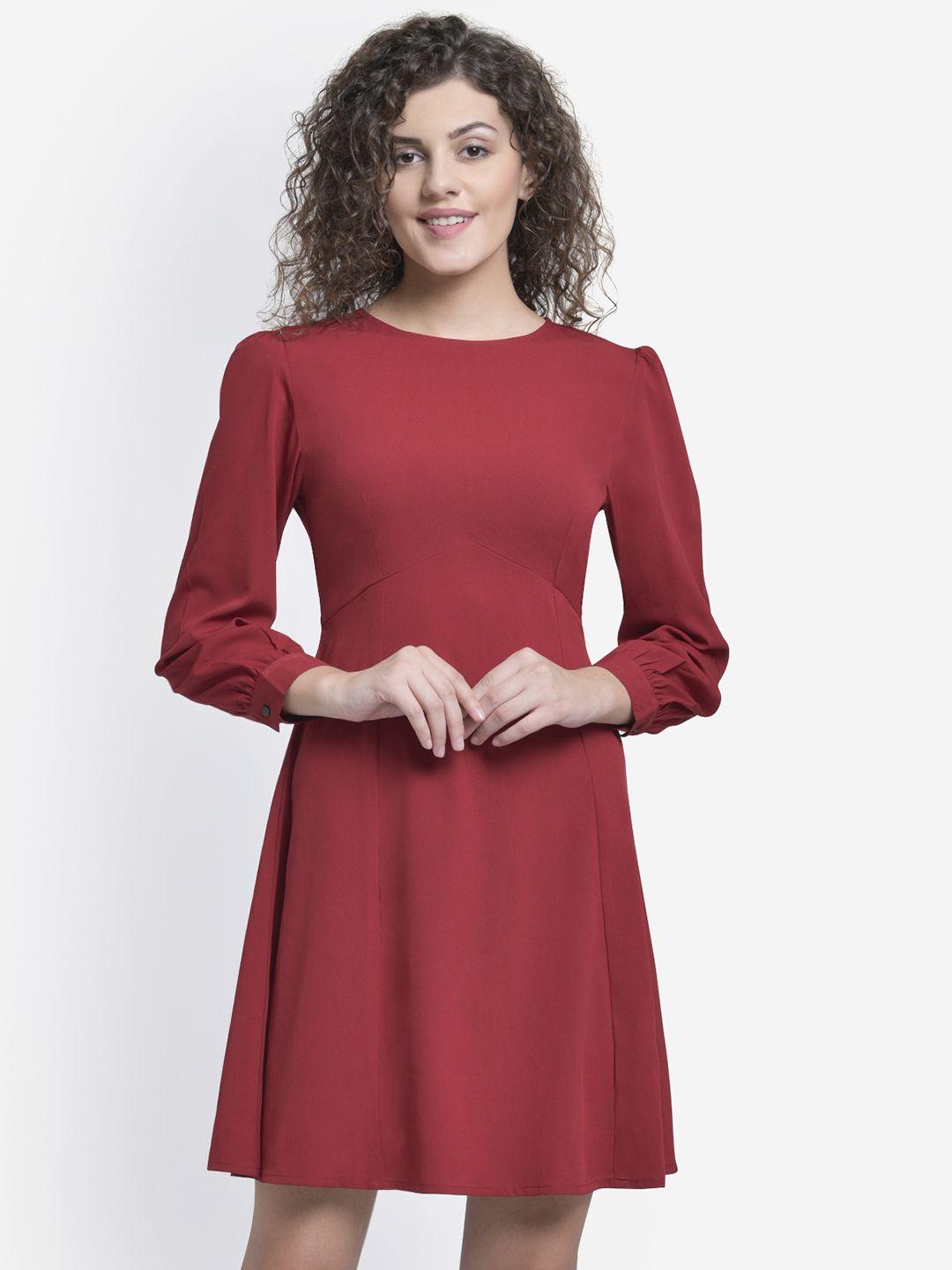 martini women maroon solid fit and flare dress