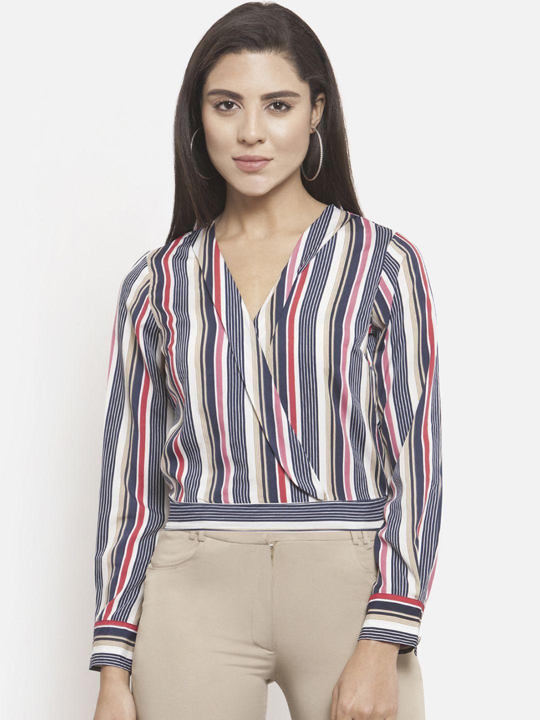 martini women off-white & blue striped crop wrap top