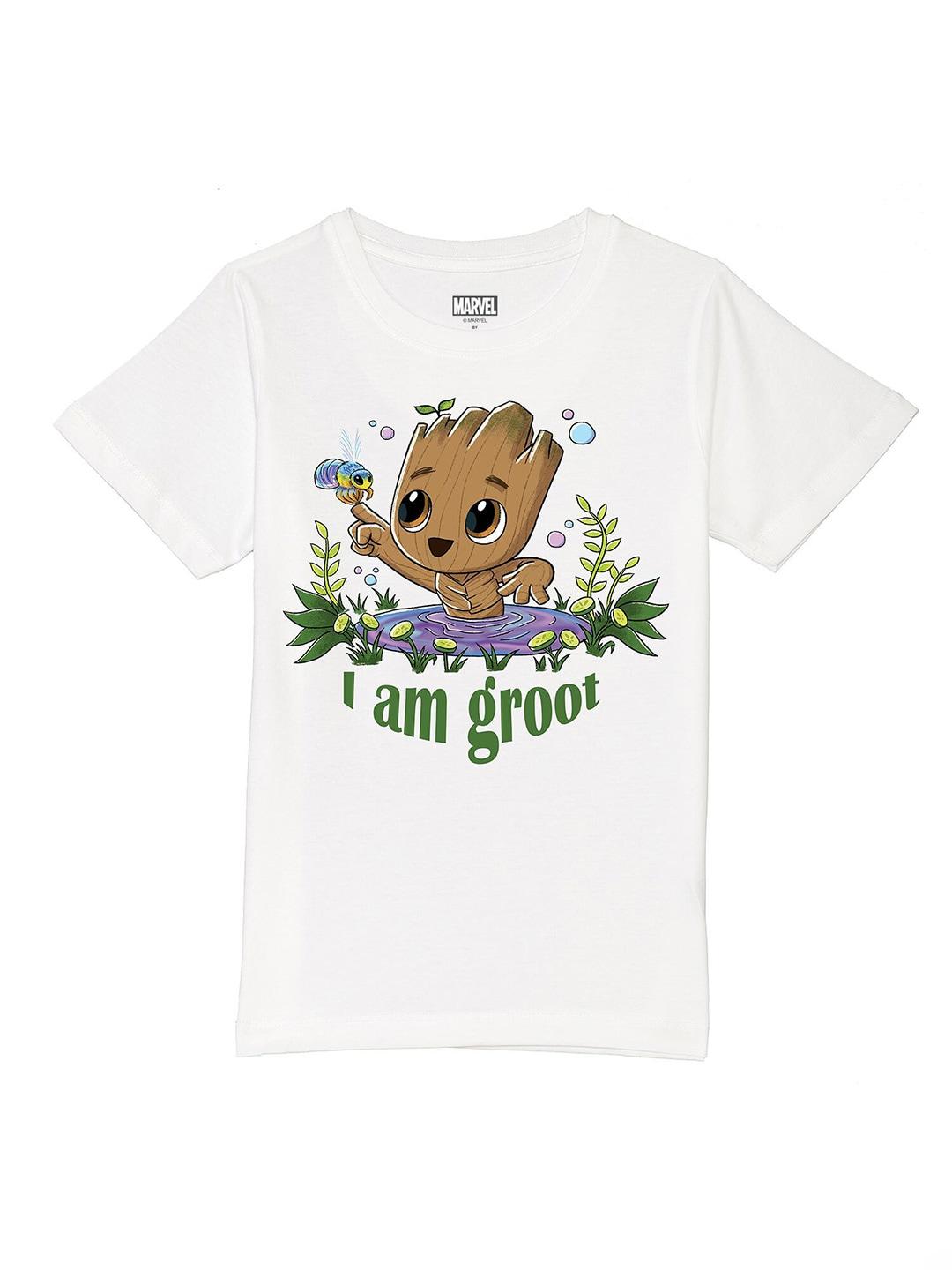 marvel by wear your mind boys white groot printed pure cotton t-shirt