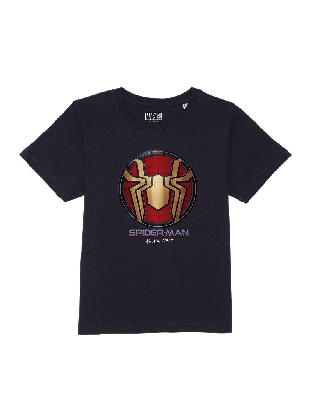 marvel by wear your mind boys navy blue & maroon spider-man printed pure cotton t-shirt