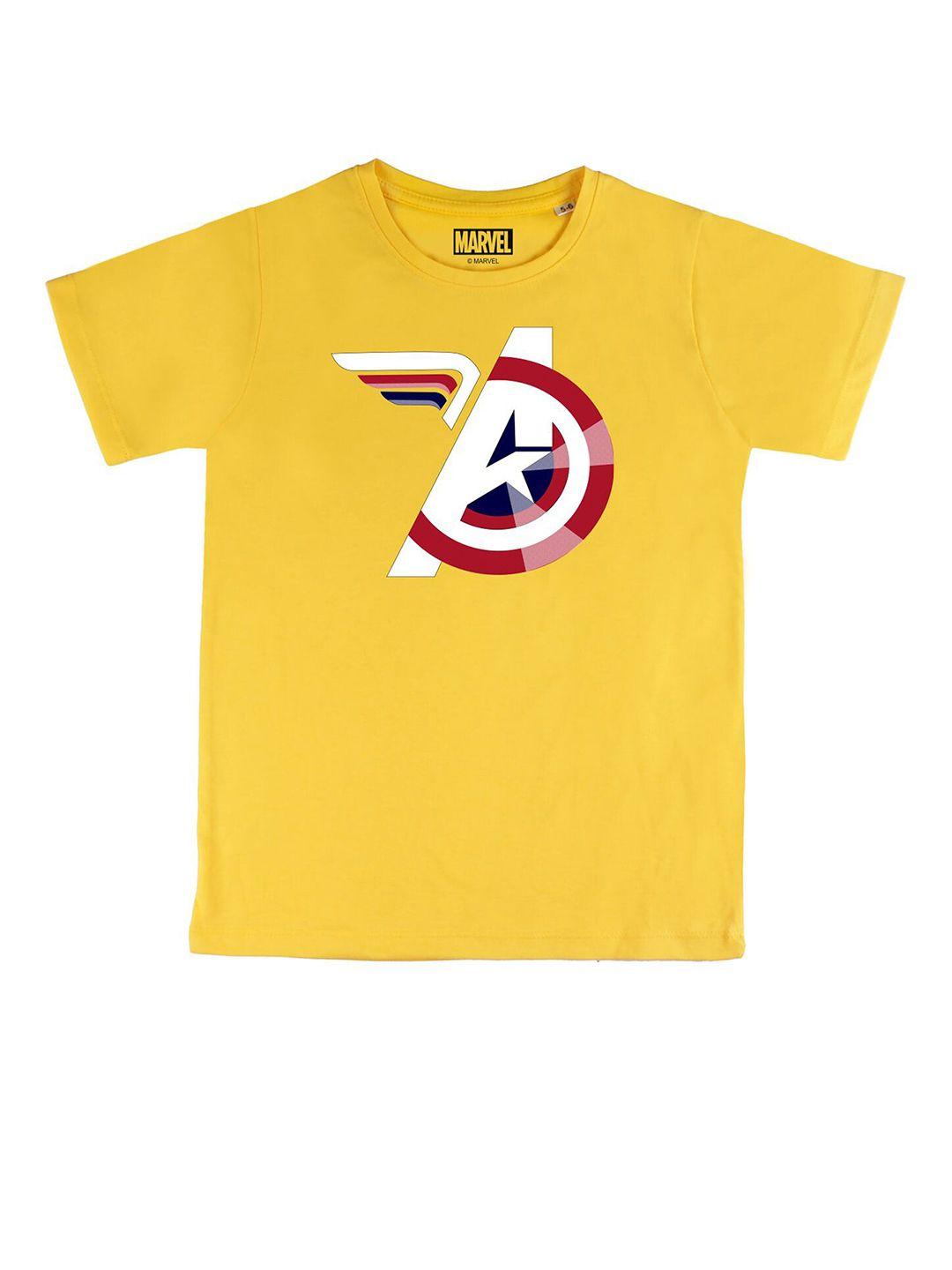 marvel by wear your mind boys yellow & white captain america printed pure cotton t-shirt
