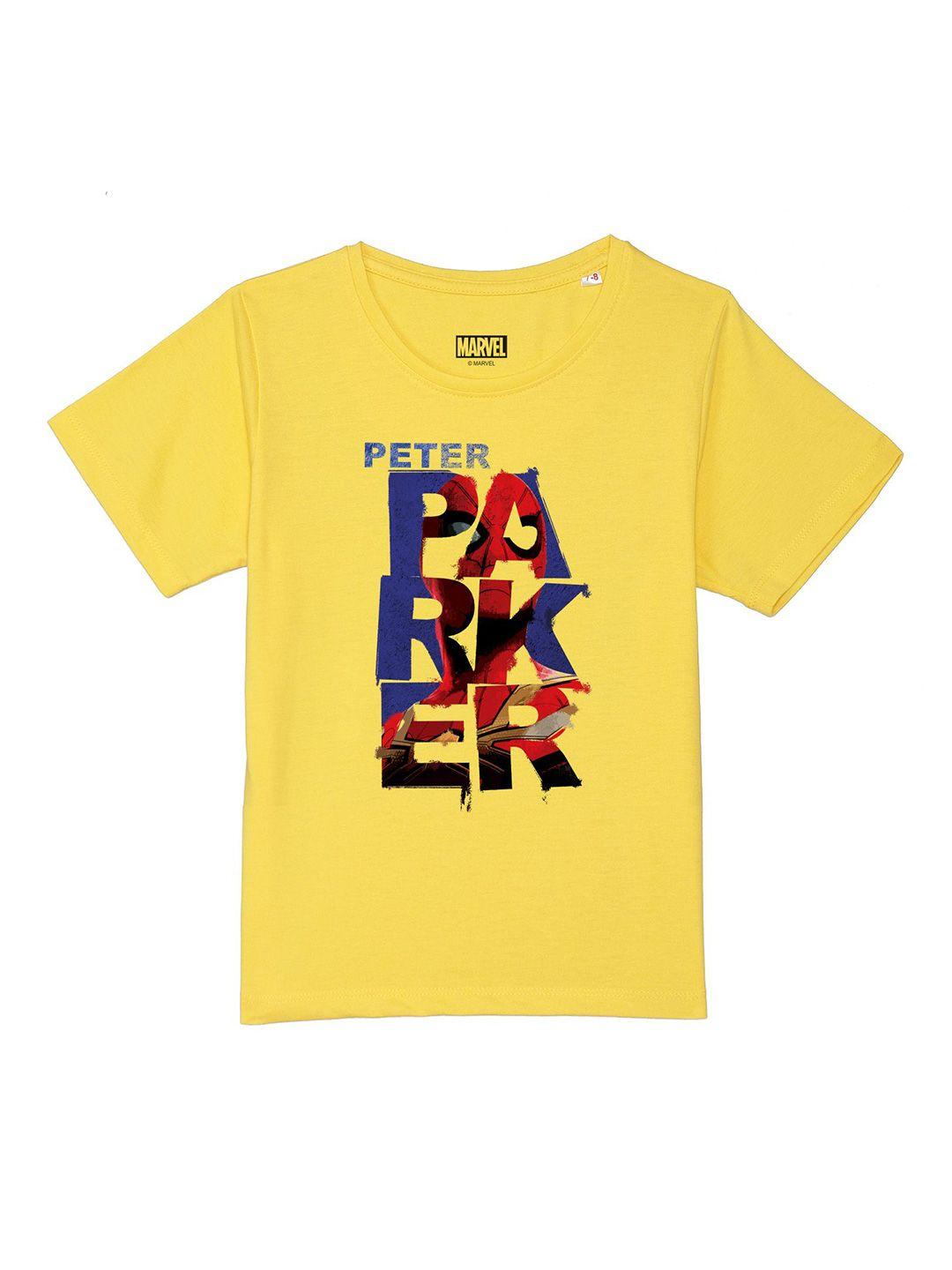 marvel by wear your mind boys yellow printed pure cotton applique t-shirt