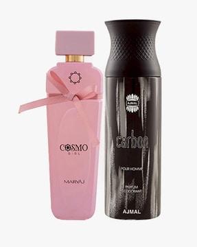 maryaj cosmo girl eau de parfum floral powdery perfume for women and carbon homme deodorant citrus spicy fragrance for men + 2 parfum testers
