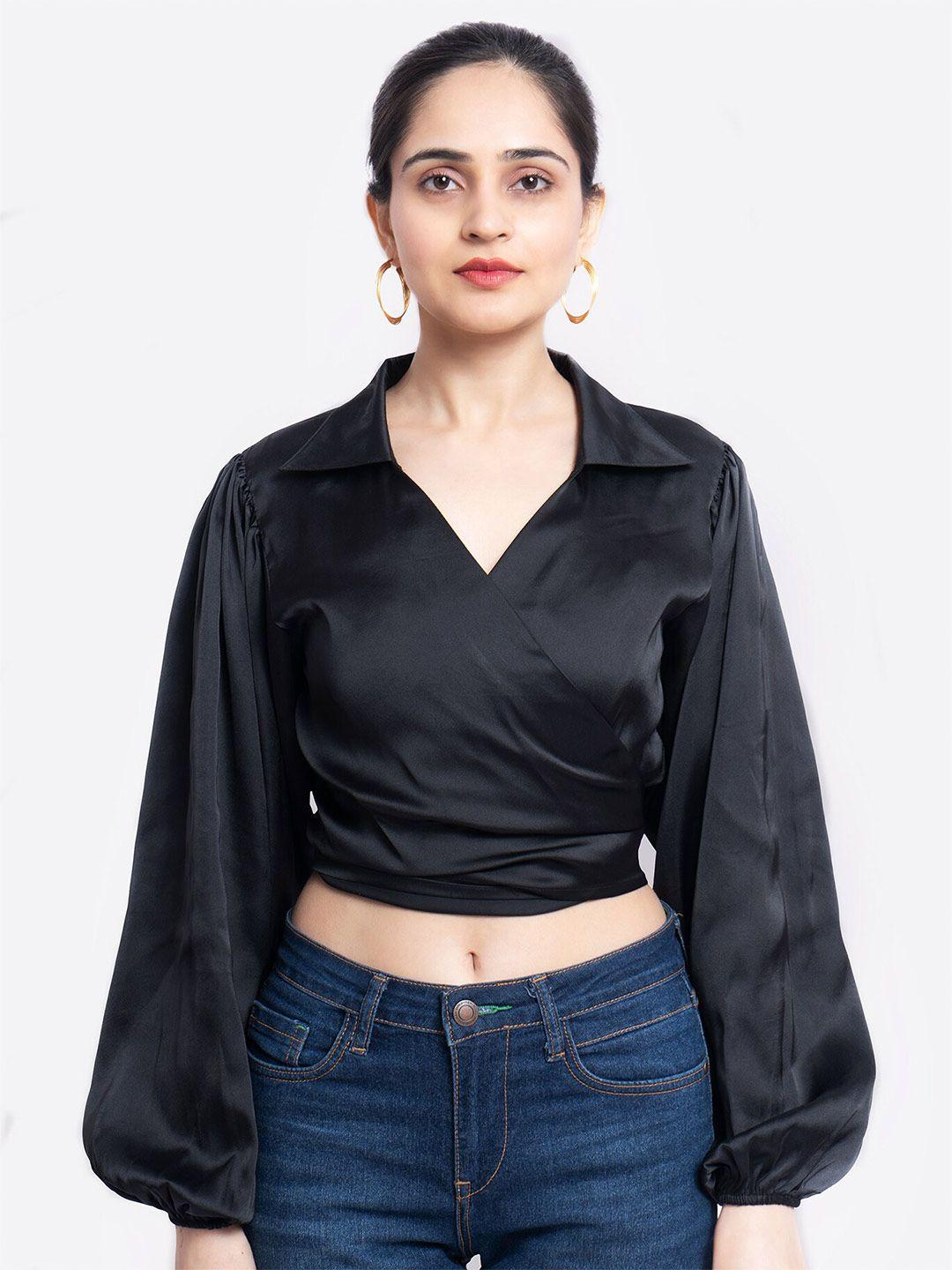 marzeni bishop sleeve crop satin wrap top