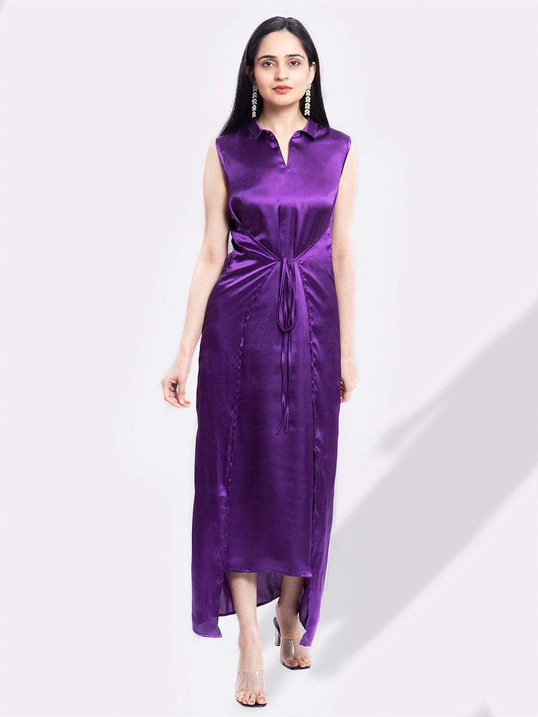 marzeni shirt collar waist tie-up satin maxi dress