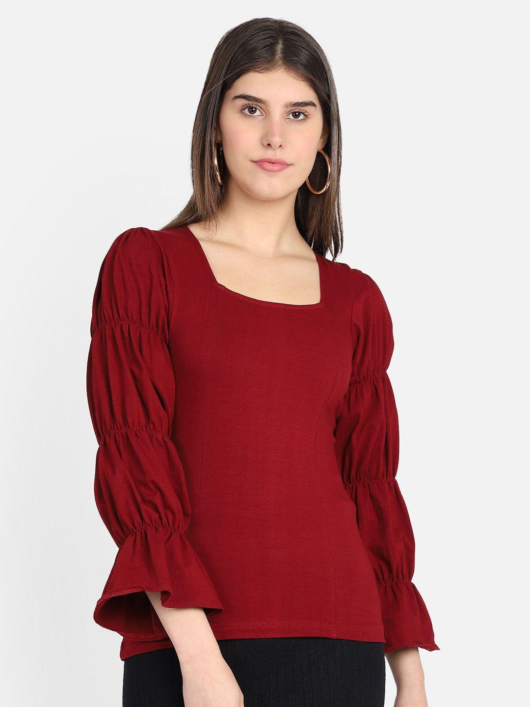 marzeni women maroon solid puff sleeve top