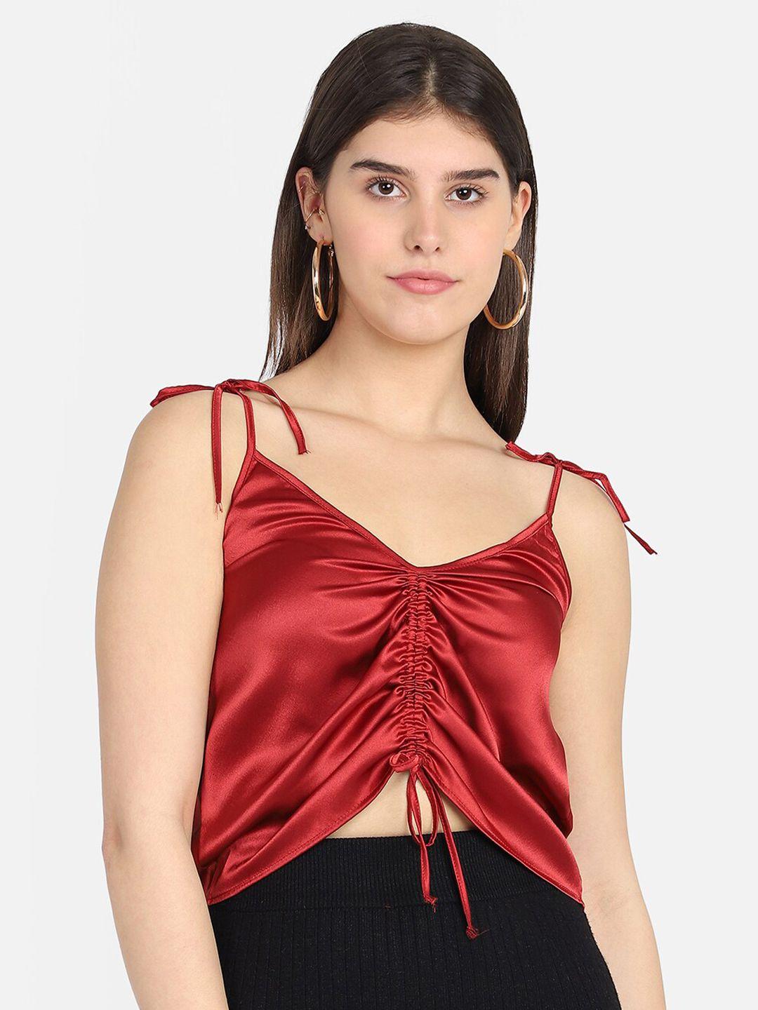 marzeni women maroon solid satin crop top with gathered detailing