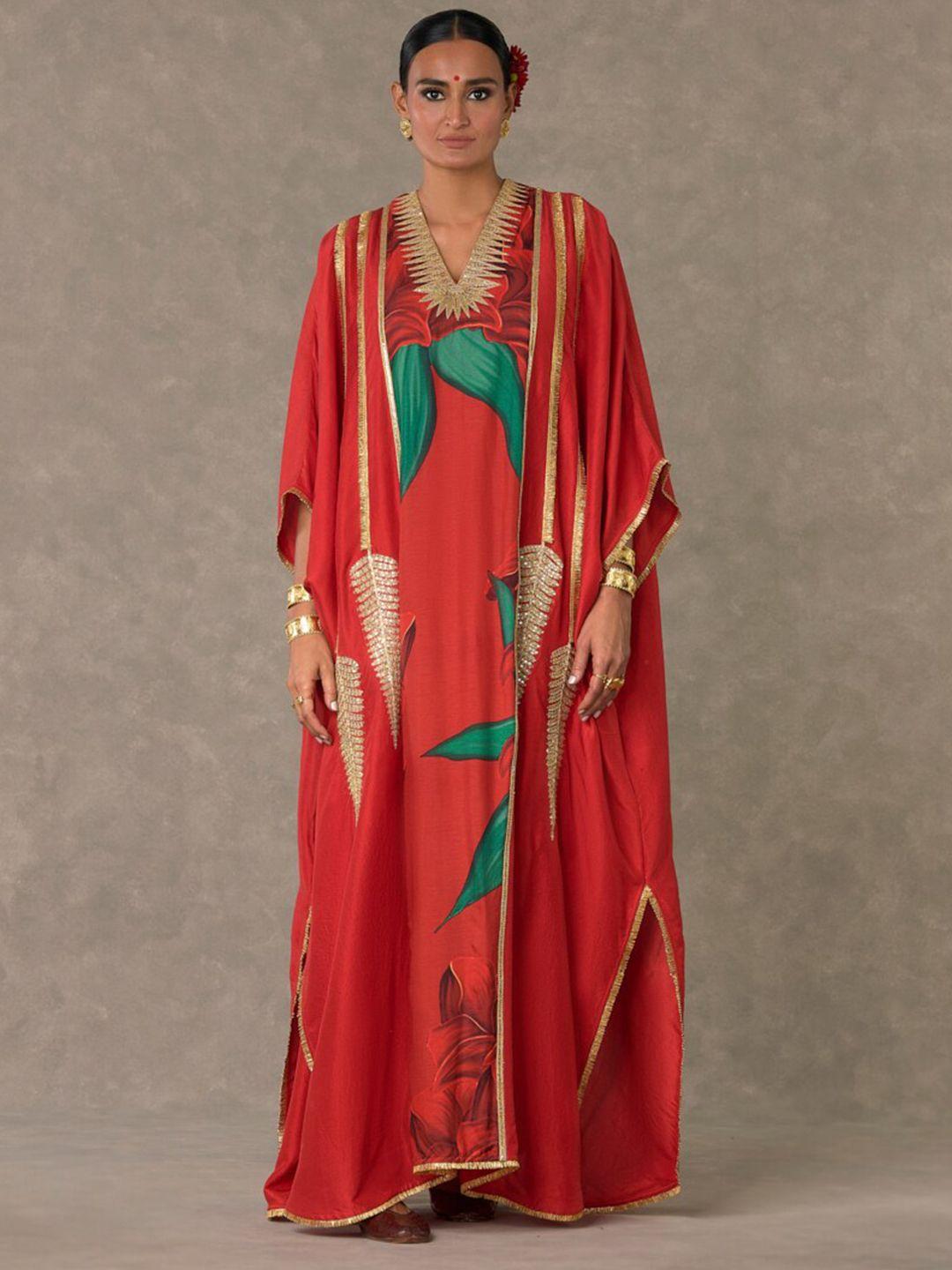 masaba floral printed candy swirl patchwork extended sleeves kaftan maxi dress