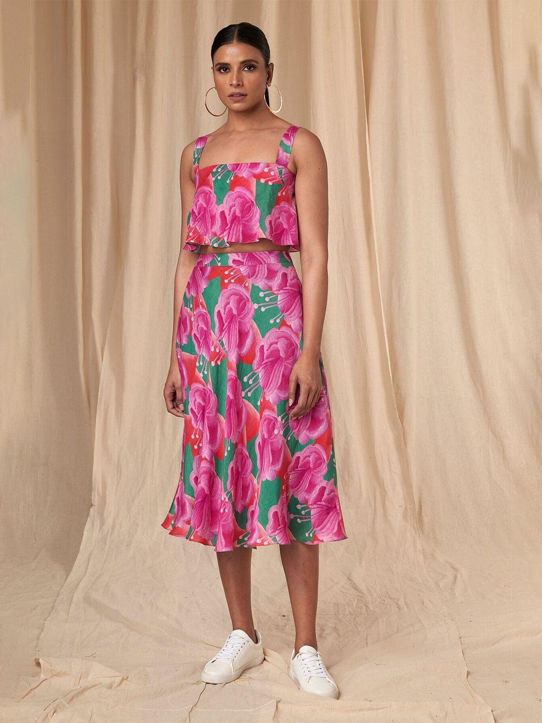 masaba floral printed linen crop top with skirt