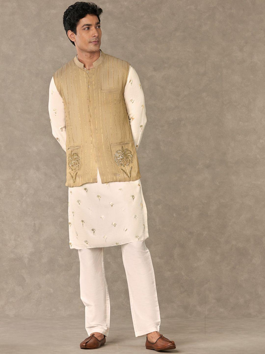 masaba floral printed mandarin collar long sleeve regular raw silk kurta set with jacket