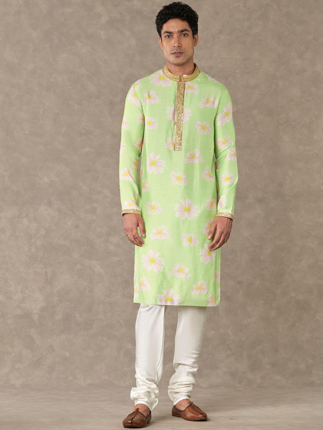 masaba floral printed mandarin collar long sleeve sequinned regular raw silk kurta set