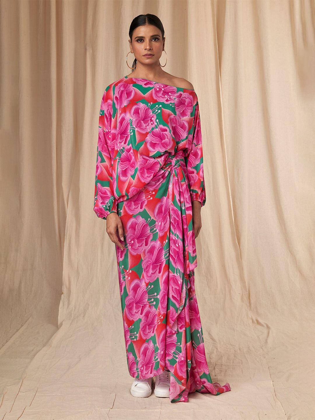 masaba floral printed one shoulder top with drape skirt