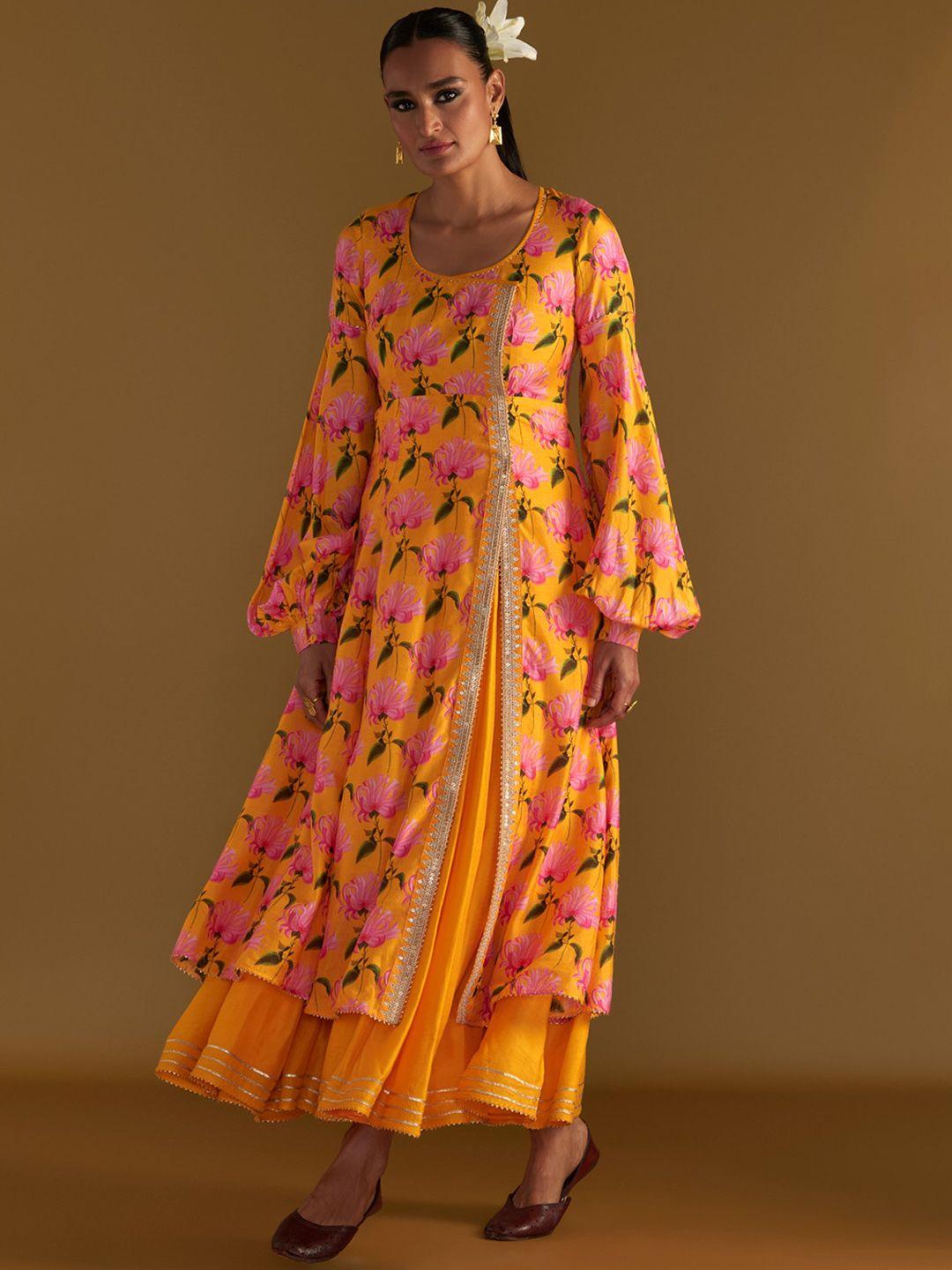 masaba floral printed puffed sleeves silk fit & flared maxi ethnic dress