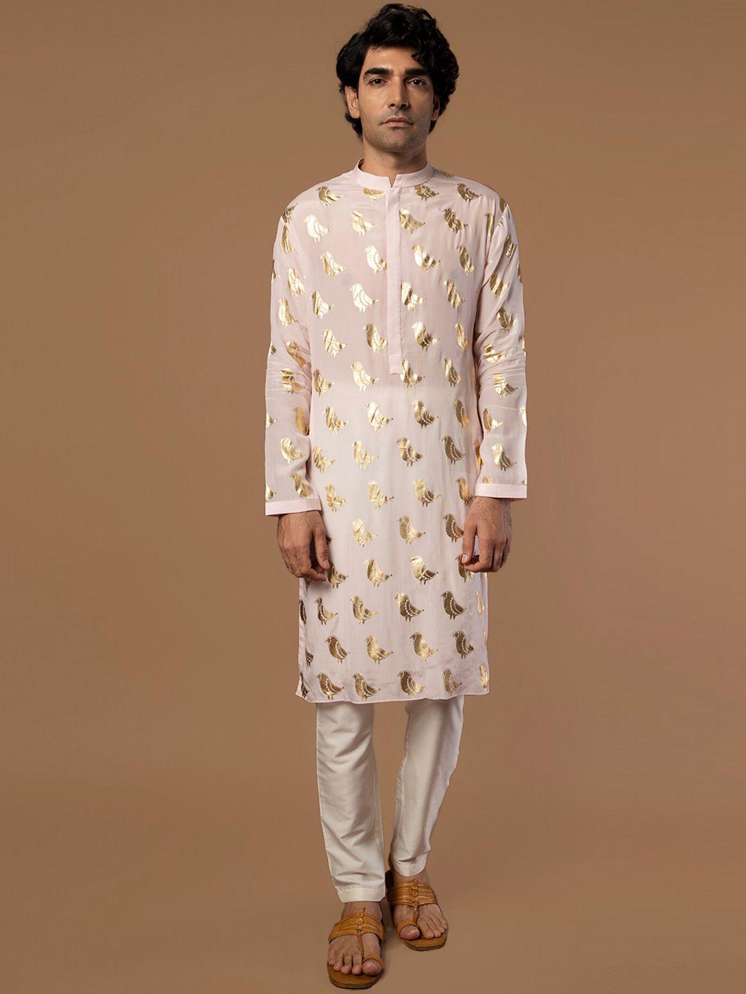 masaba men pink & gold-toned ethnic motifs printed crepe kurta