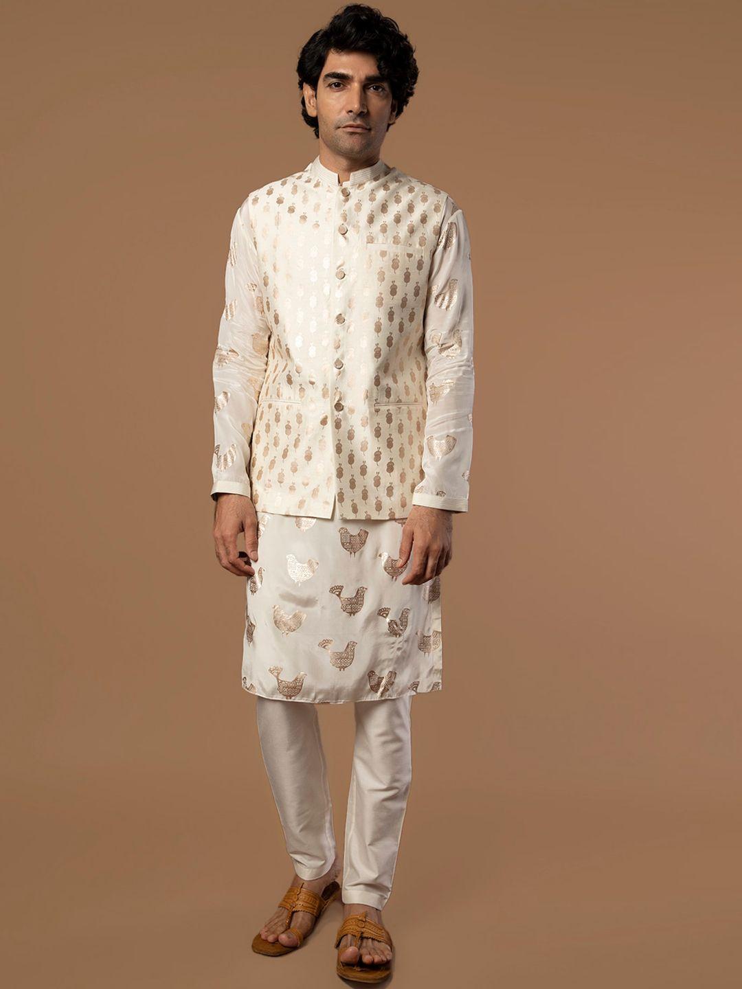 masaba men white ethnic motifs printed raw silk kurta with pyjamas & nehru jacket