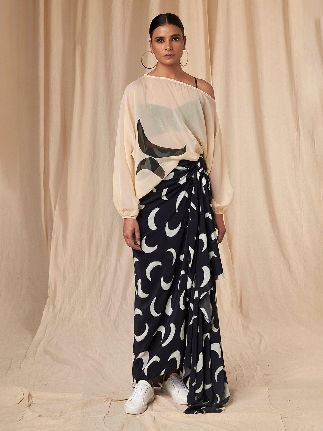 masaba one shoulder top with drape skirt