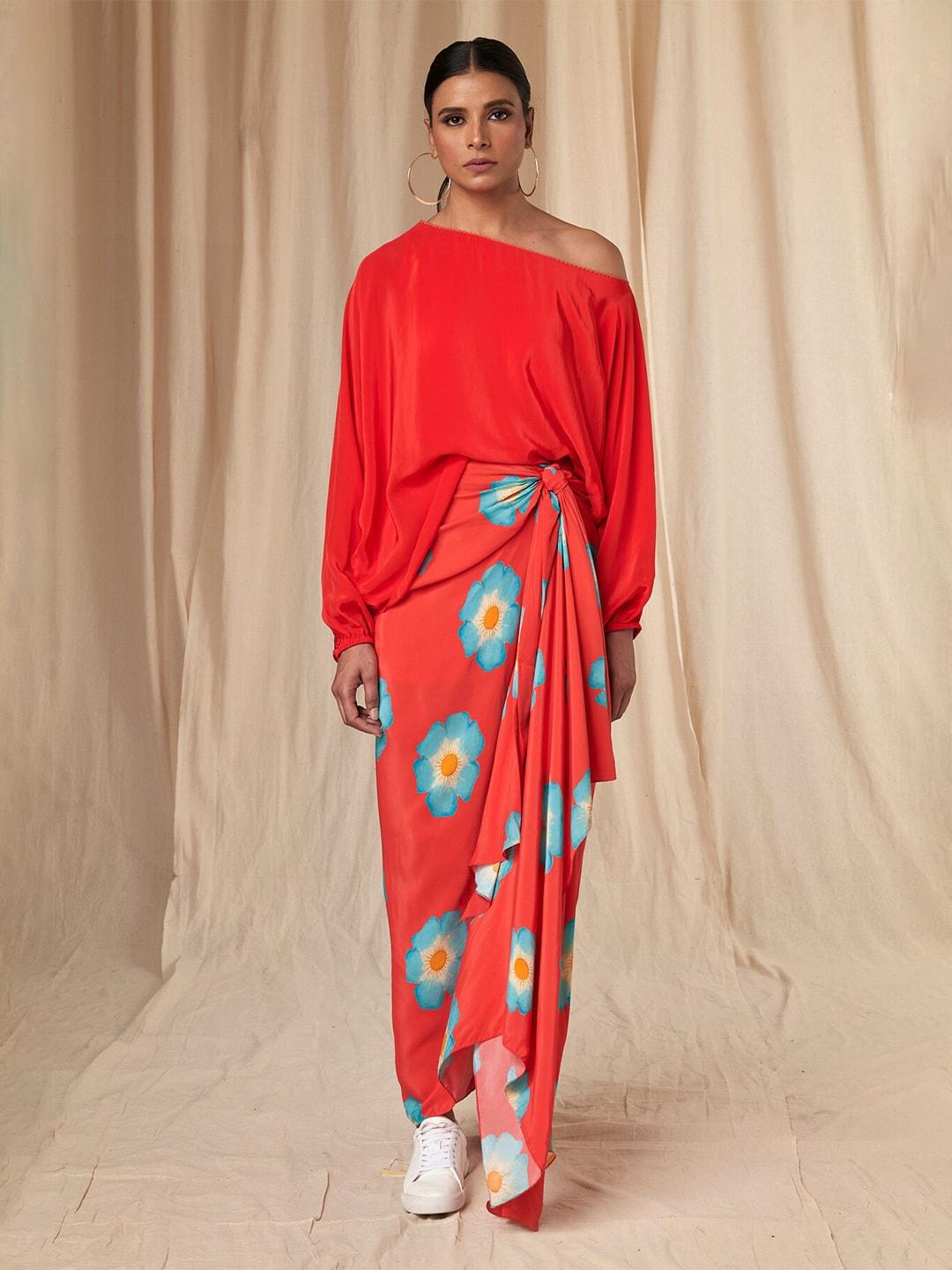 masaba one shoulder top with drape skirt