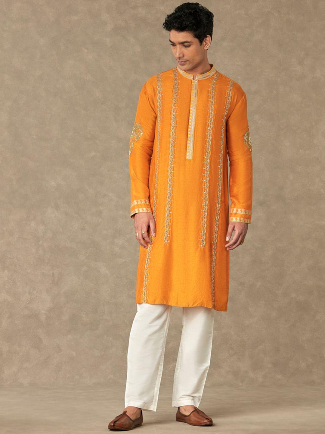 masaba striped embroidered mandarin collar long sleeve regular sequinned kurta set