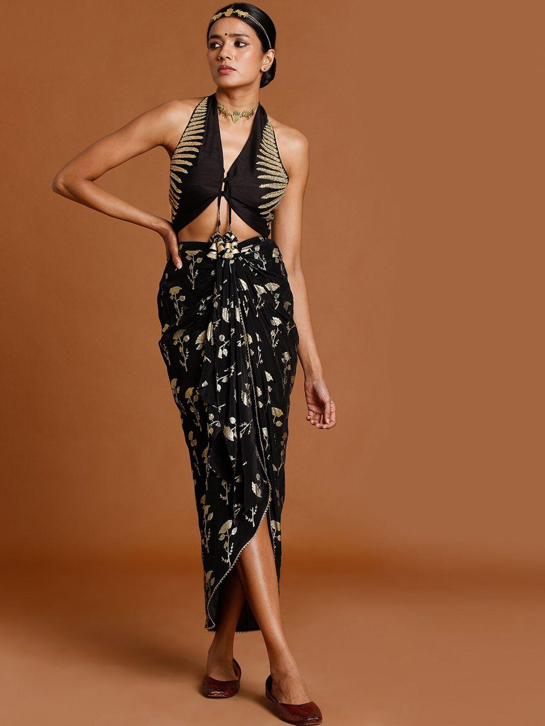 masaba women black printed periwinkle drape skirt co-ords set