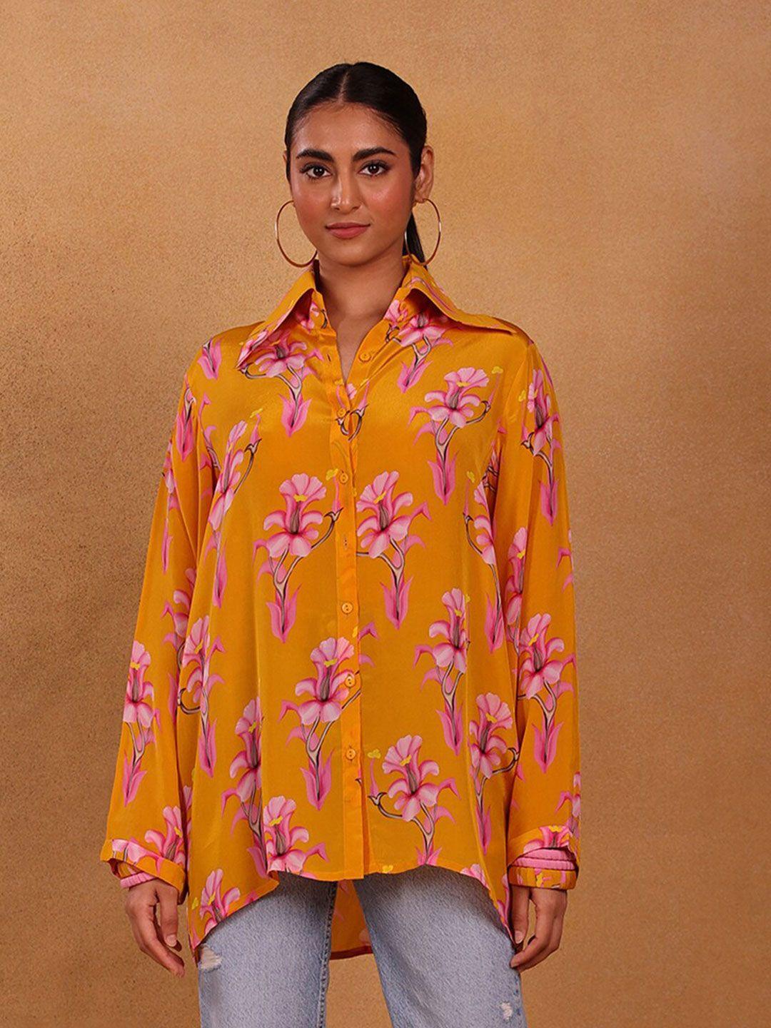 masaba women yellow comfort floral printed casual shirt