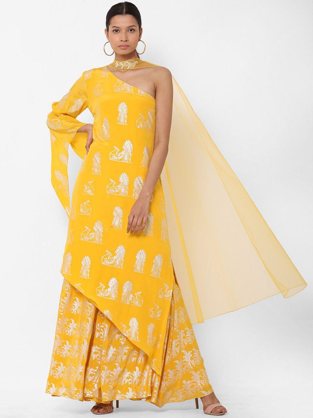 masaba women yellow printed kurti with palazzos & dupatta
