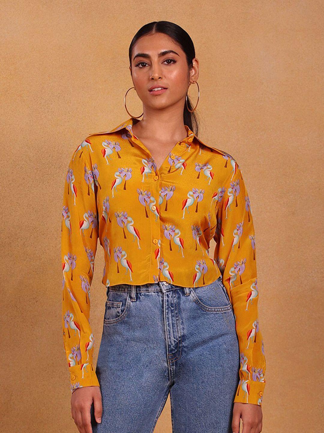 masaba yellow floral print crepe shirt style crop top