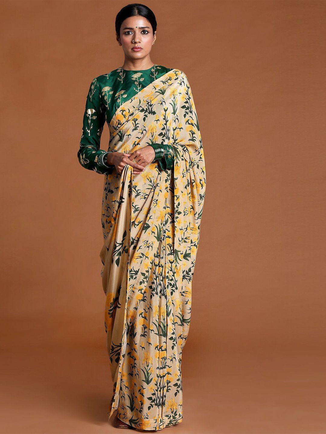 masaba beige & green floral pure crepe saree