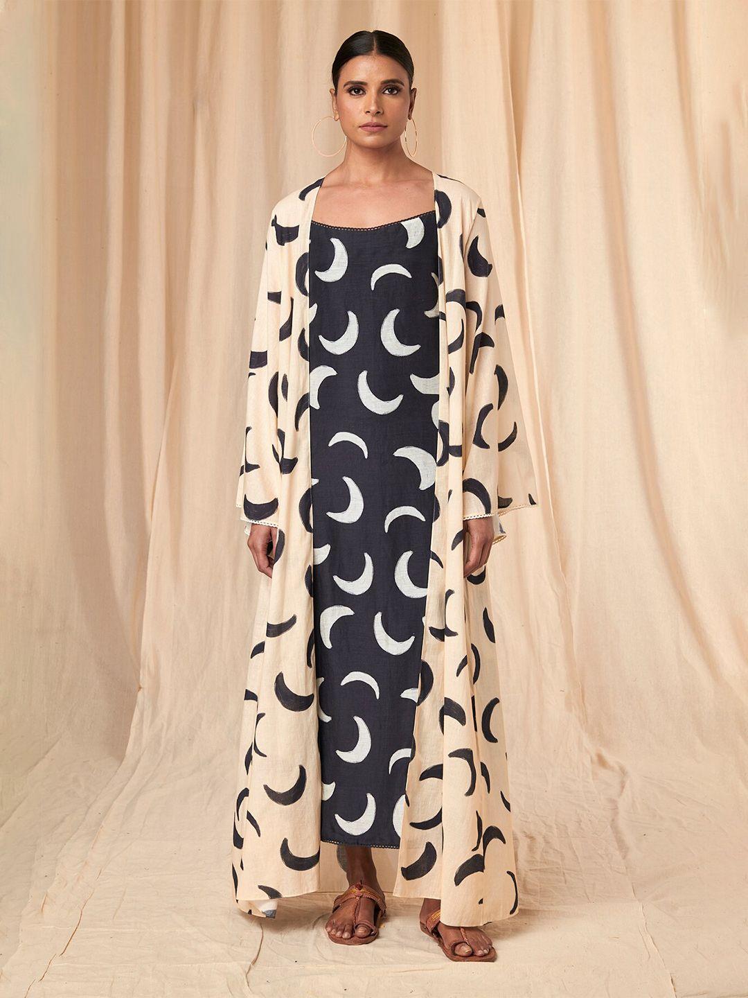 masaba black & beige print flared sleeve linen maxi dress