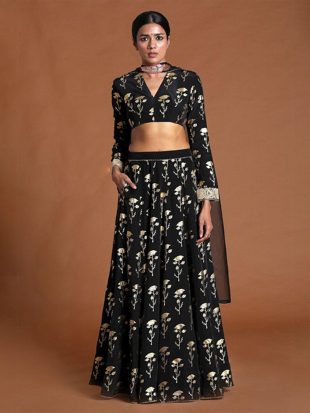 masaba black & gold-toned foil printed ready to wear lehenga & blouse with dupatta