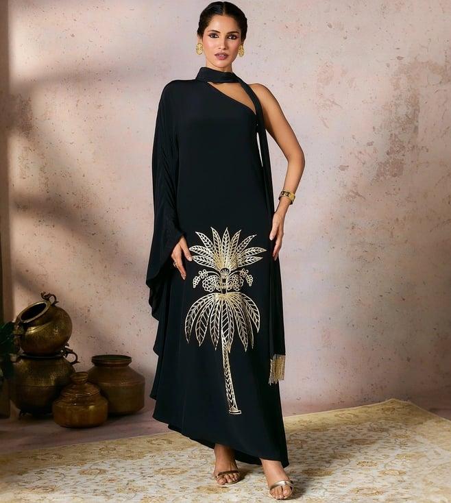 masaba black tropical one shoulder kaftan