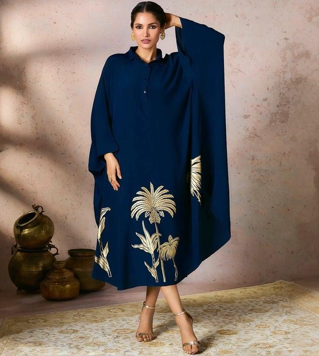 masaba blue palm foil kaftan