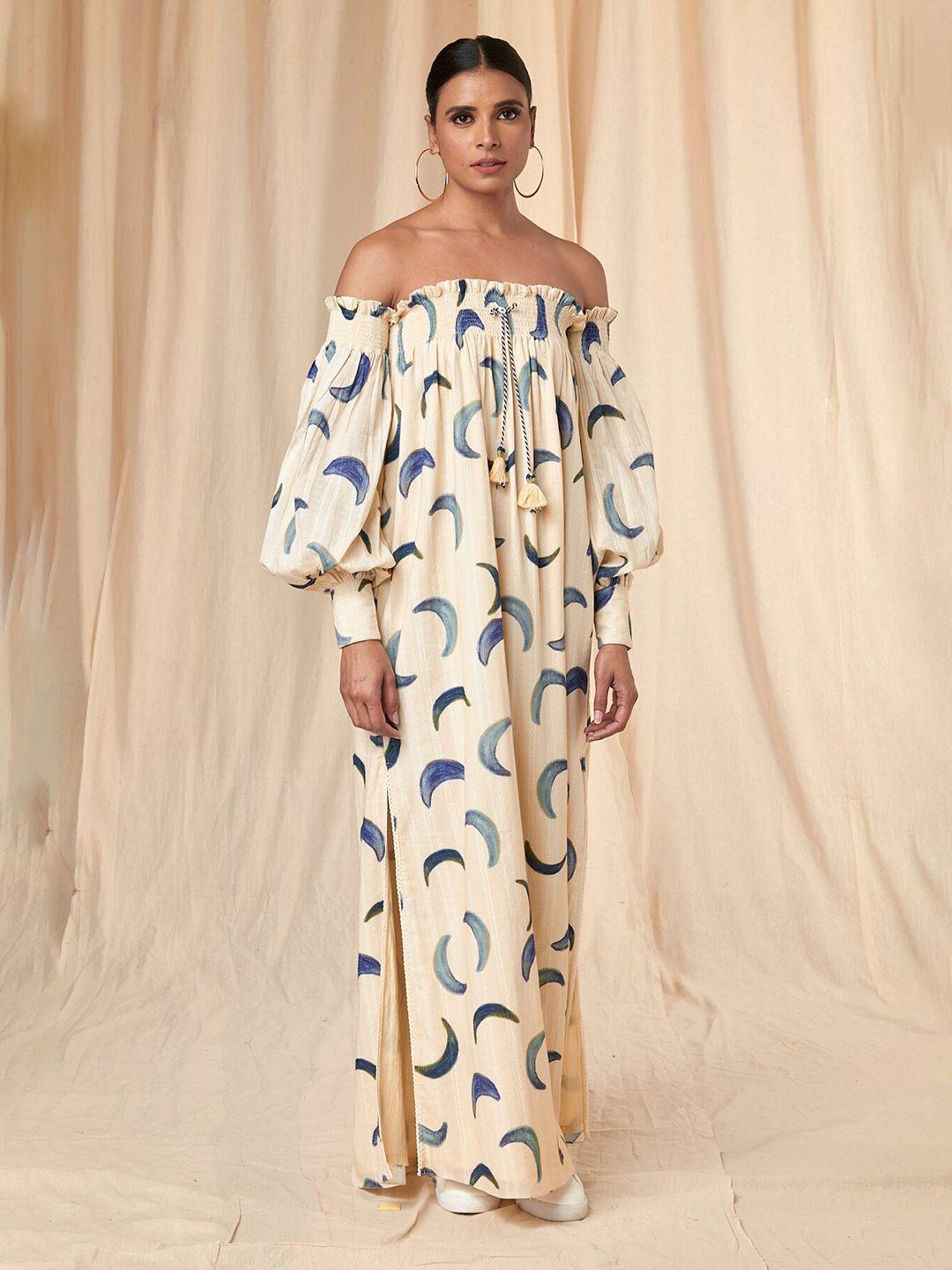 masaba conversational printed off-shoulder smocked cotton a-line maxi dress