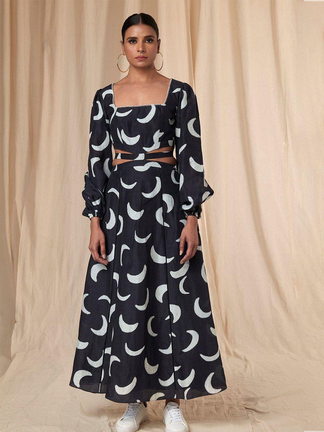 masaba conversational printed puff sleeves cut-out linen a-line maxi dress