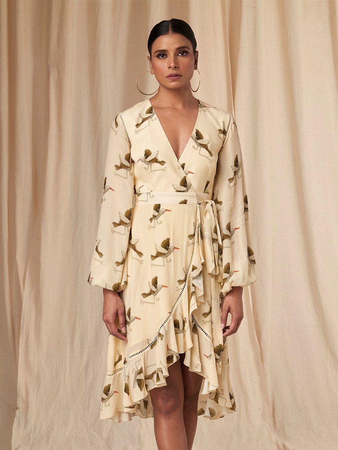 masaba conversational printed puff sleeves wrap dress