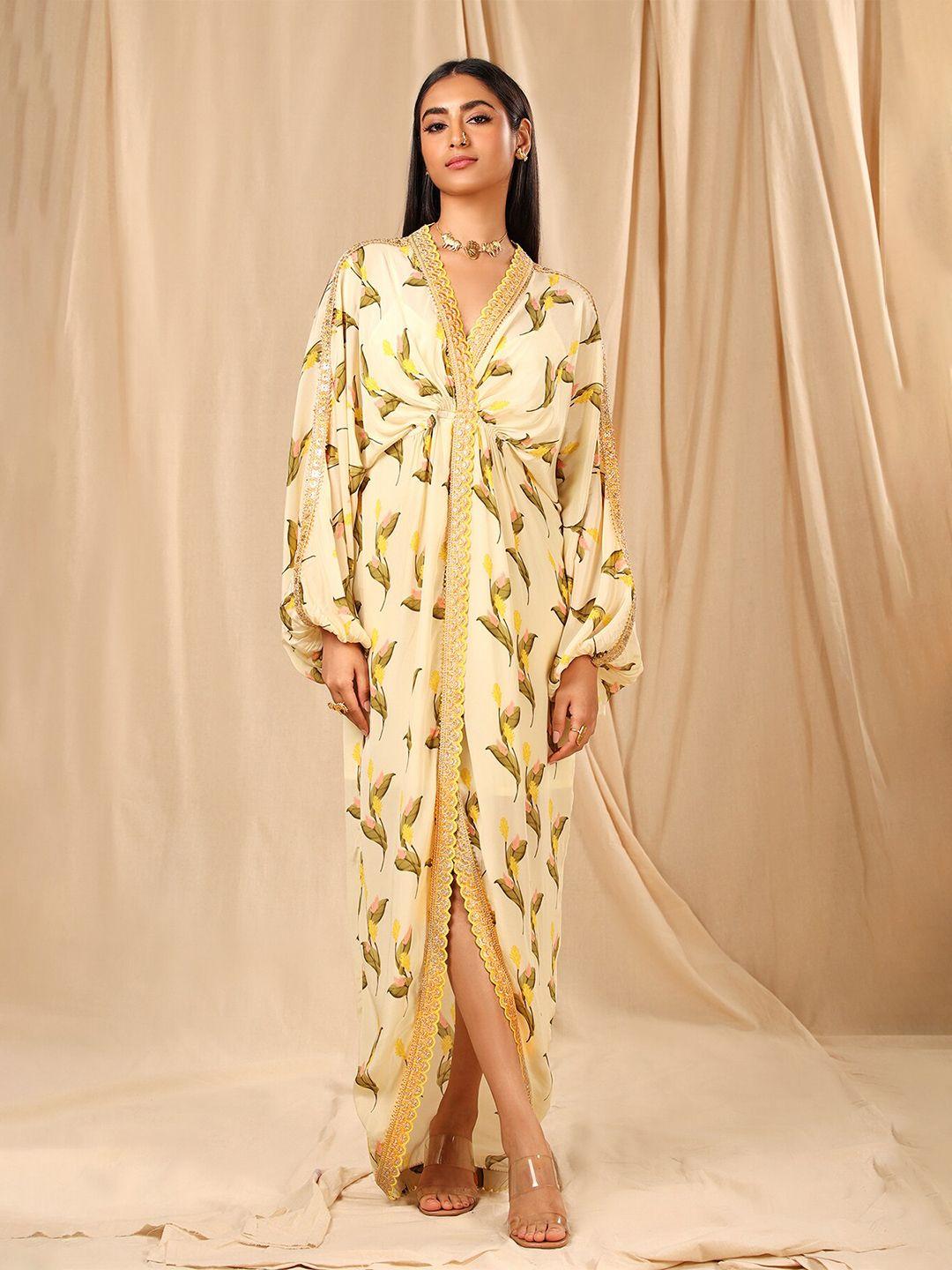 masaba cream-coloured & yellow floral crepe maxi maxi dress