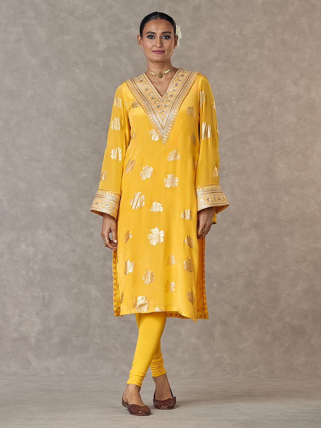 masaba ethnic motifs printed v neck long flared sleeves zari  kurta