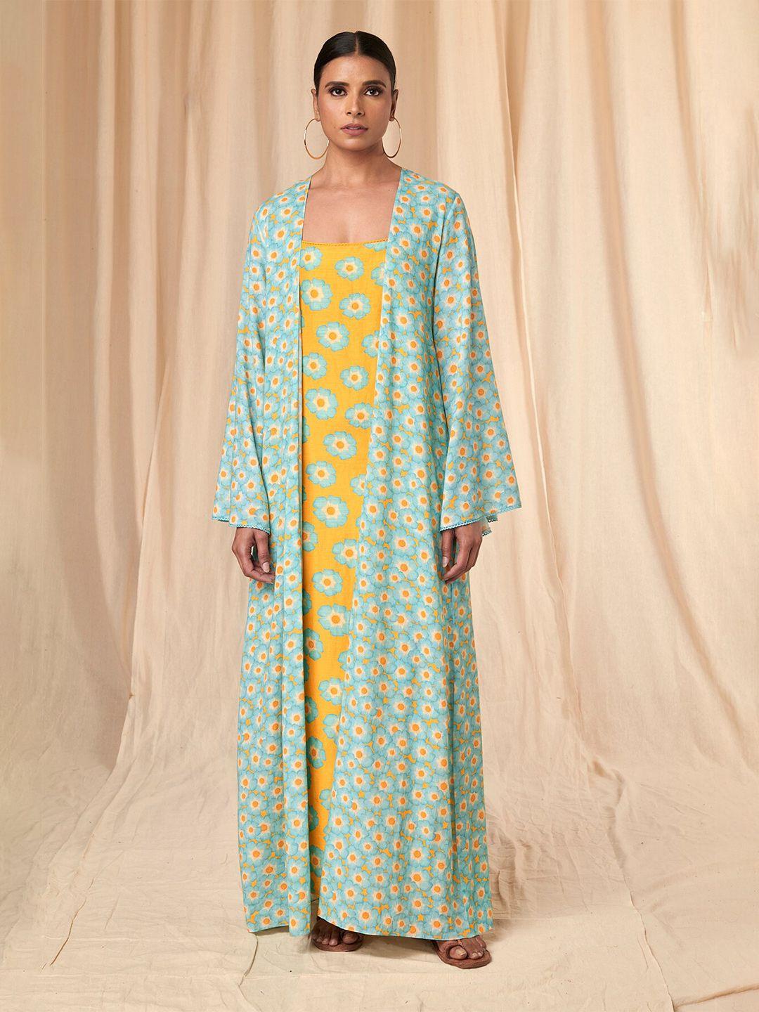 masaba floral print flared sleeve linen maxi dress with long shrug