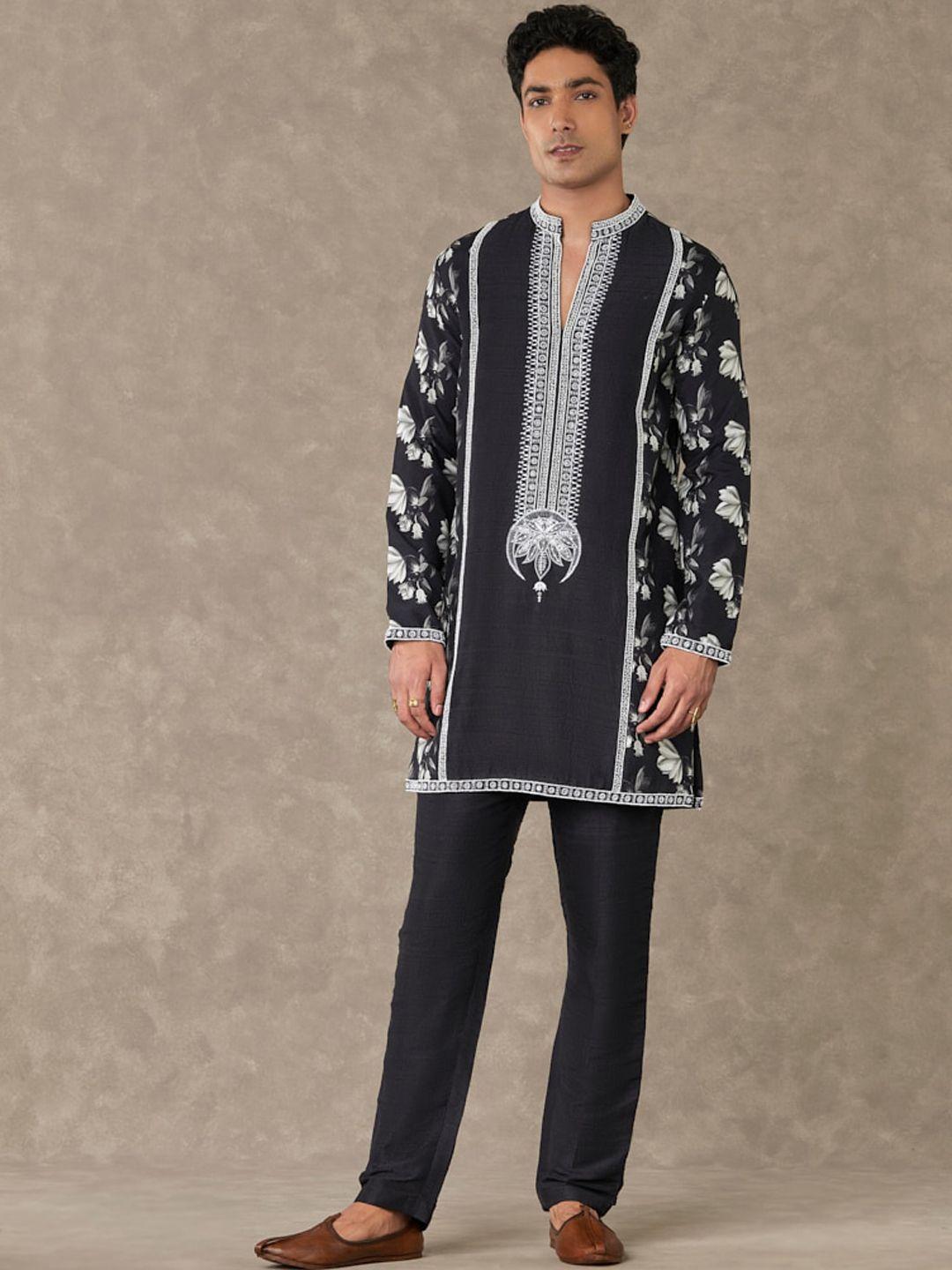 masaba floral printed mandarin collar thread work kurta with trousers