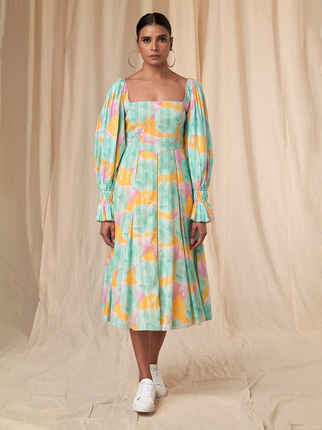 masaba floral printed puff sleeves cotton a-line midi dress