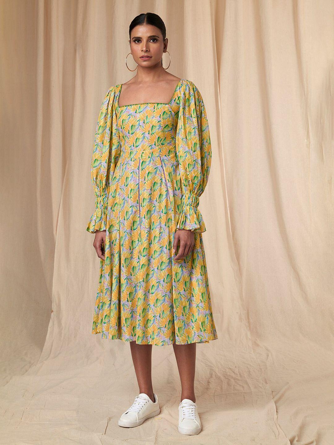 masaba floral printed puff sleeves cotton a-line midi dress