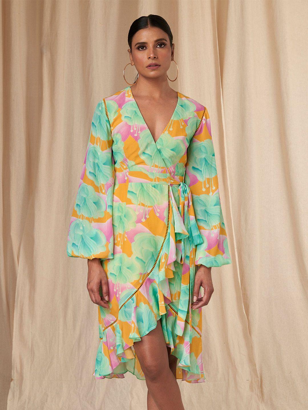 masaba floral printed puff sleeves wrap dress