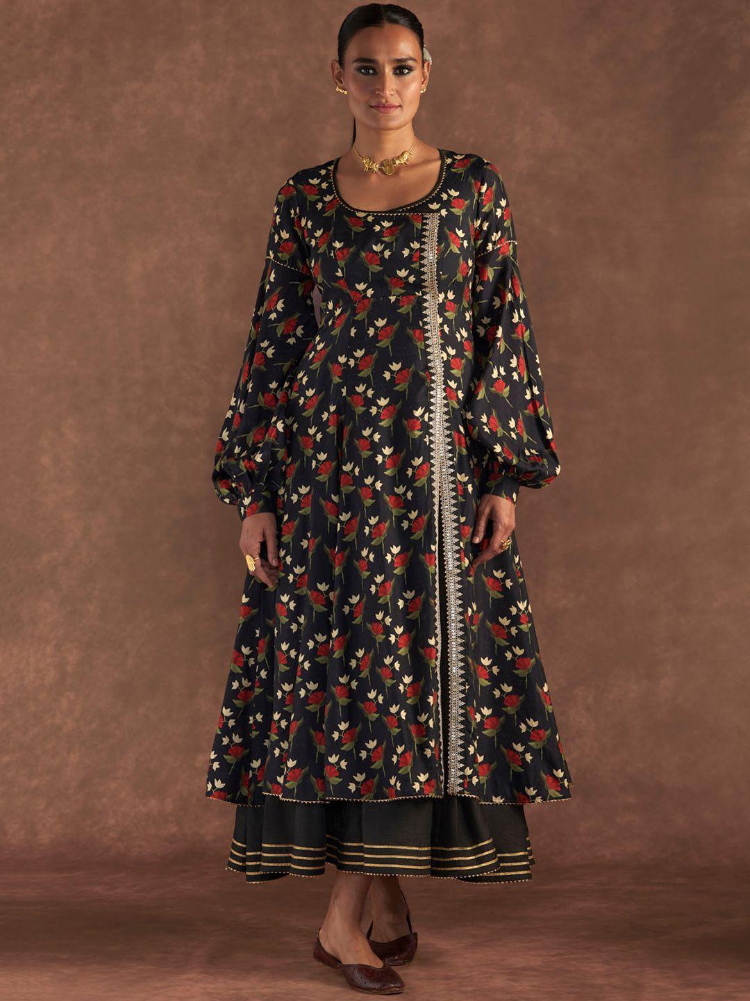 masaba floral printed puffed sleeves silk fit & flared maxi ethnic dress